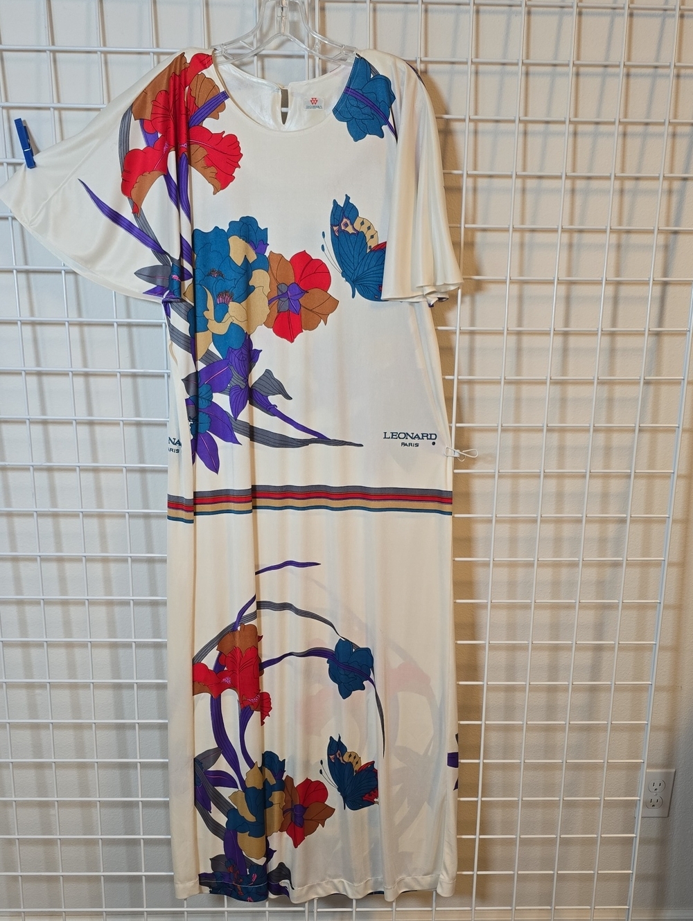 LEONARD Paris Cream Floral Maxi Dress with Bold Blue, Purple & Red Print